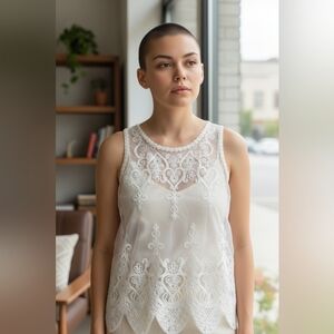 Sz Small Ooh La La Sheer Lace Embroided White Tank Top